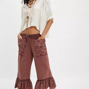 Free People Washed Perla Bloomers Pants Embroidered Drawstring Pull On S